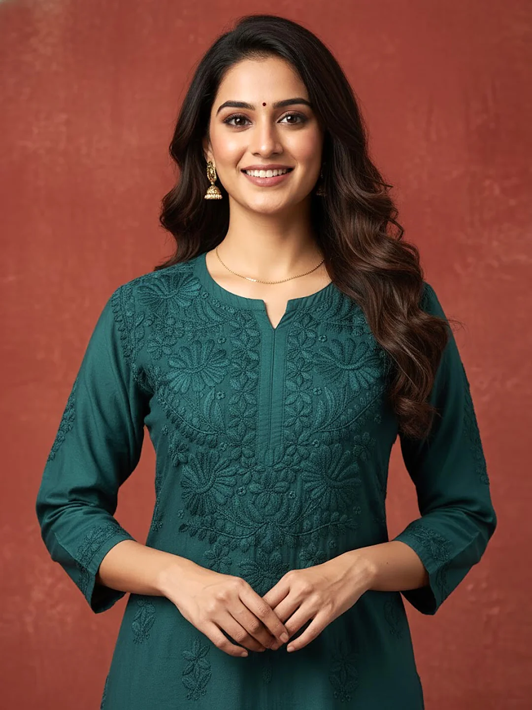 Teal Green Chanderi Chikankari Straight Kurti - Image 2