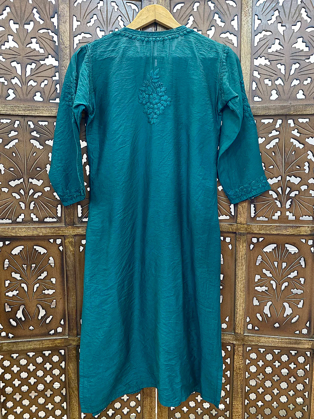 Teal Green Chanderi Chikankari Straight Kurti - Image 6