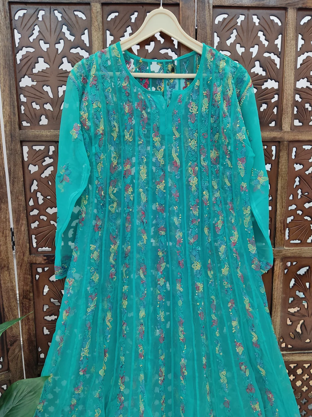 Teal Green Georgette Chikankari Anarkali Kurti - Image 3