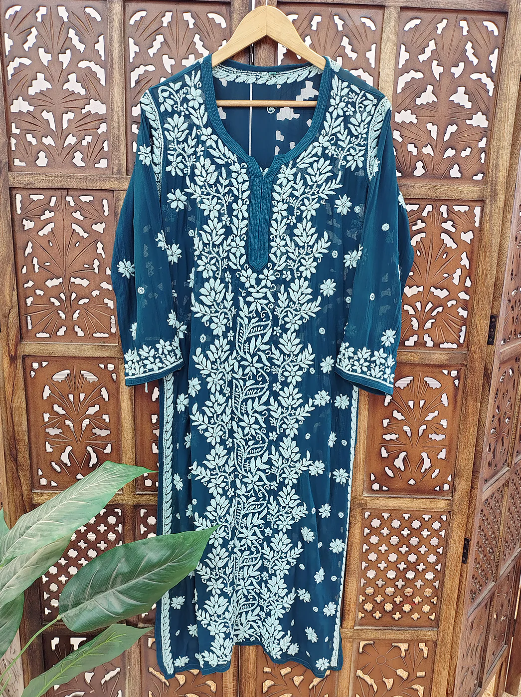Teal Green Viscose Chikankari Straight Kurti - Image 2