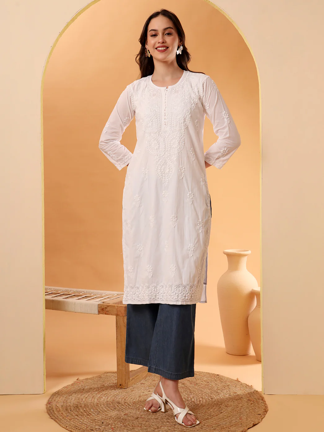 White Barkha Cotton Chikankari Straight Kurti