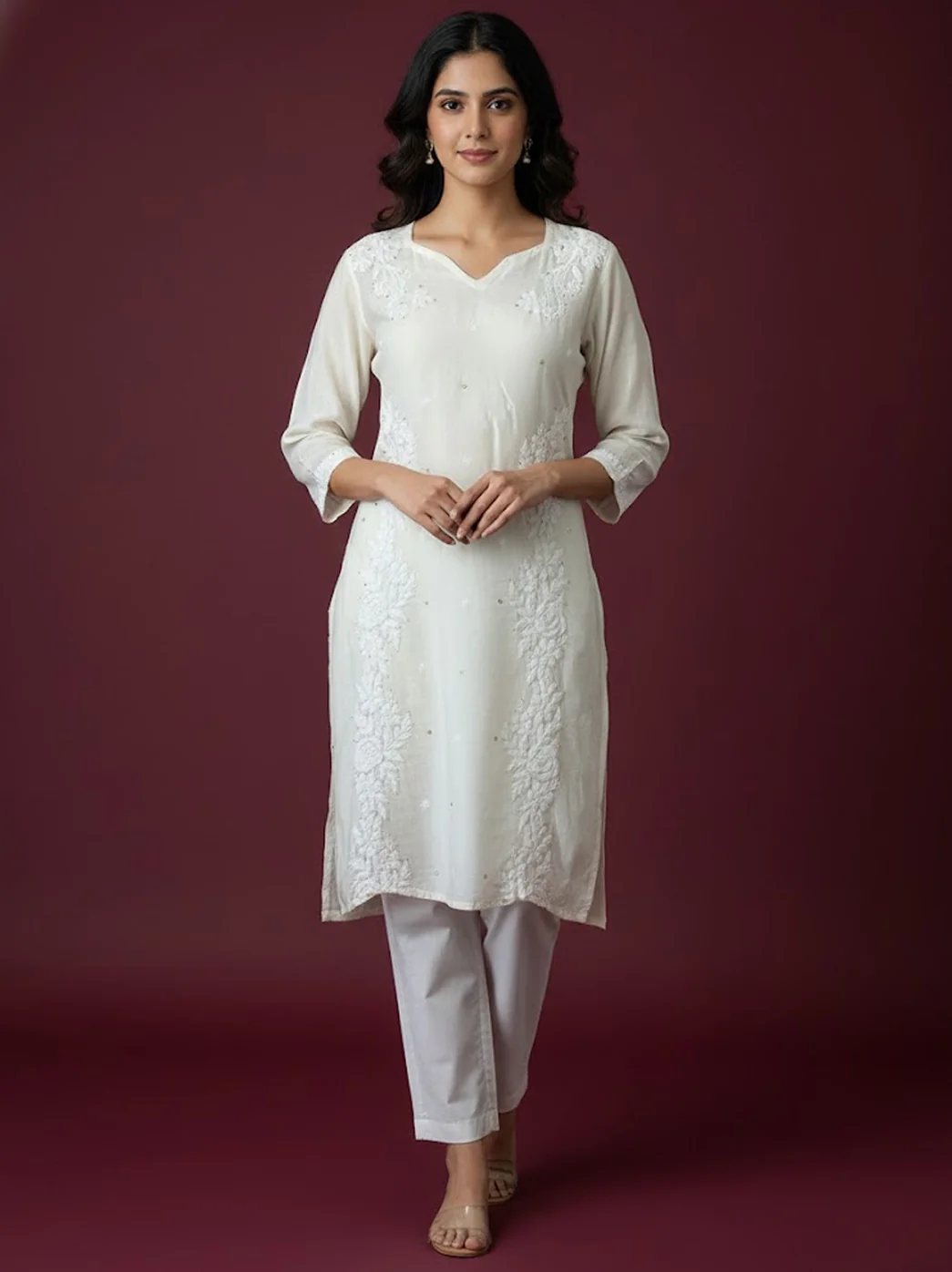 White Chanderi Chikankari Kurti