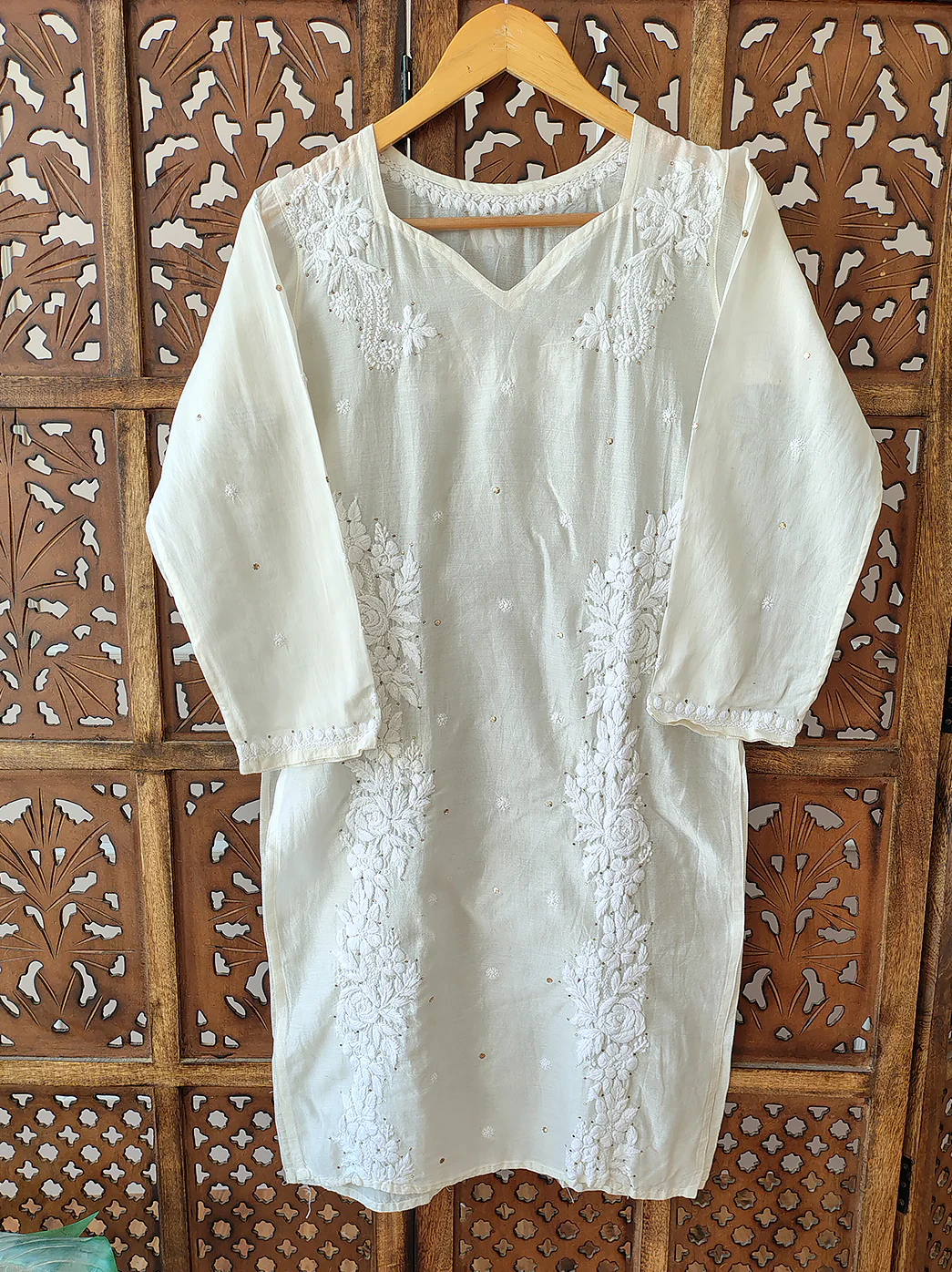 White Chanderi Chikankari Kurti - Image 2