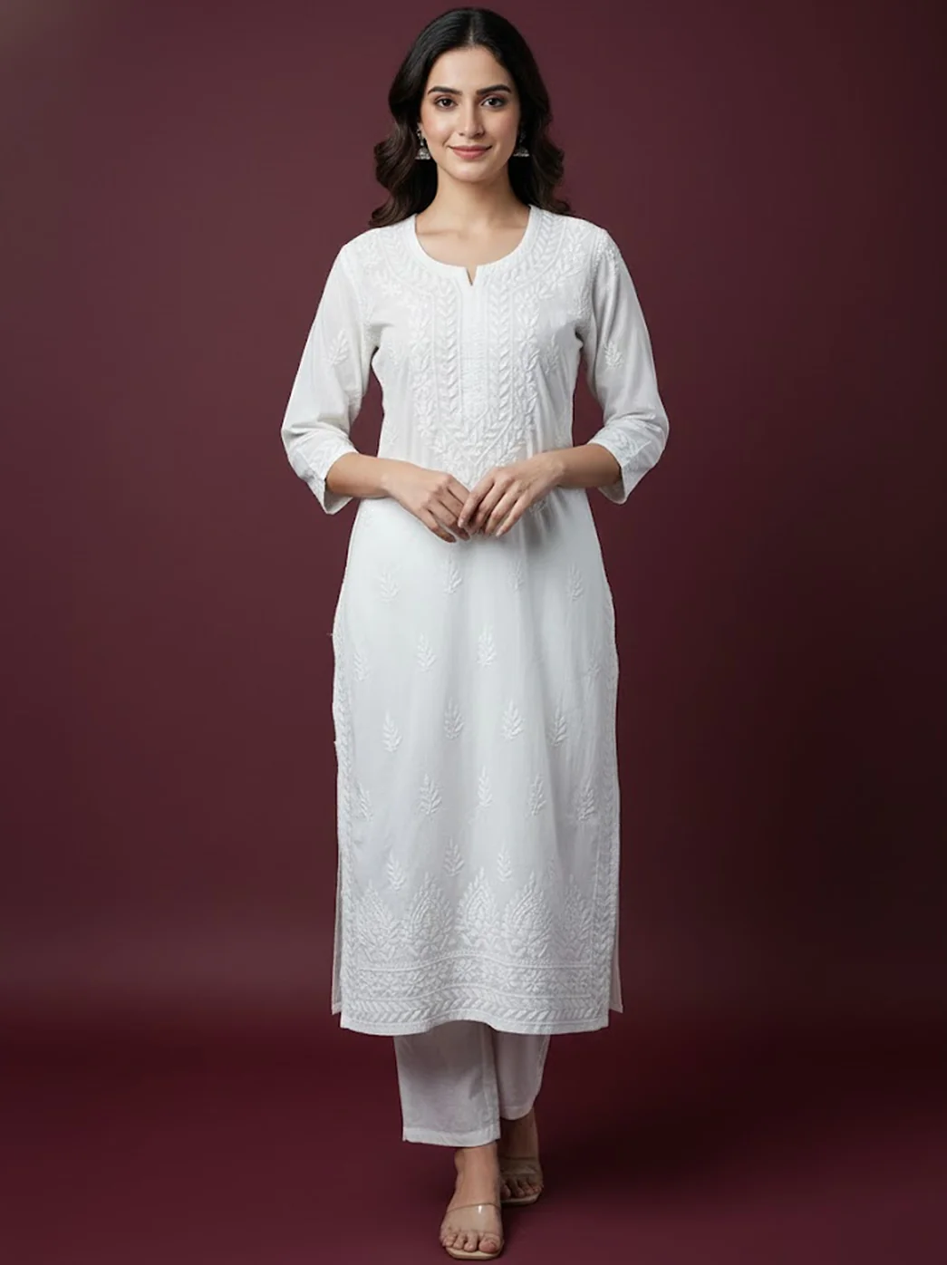 White Cotton Chikankari Straight Kurti