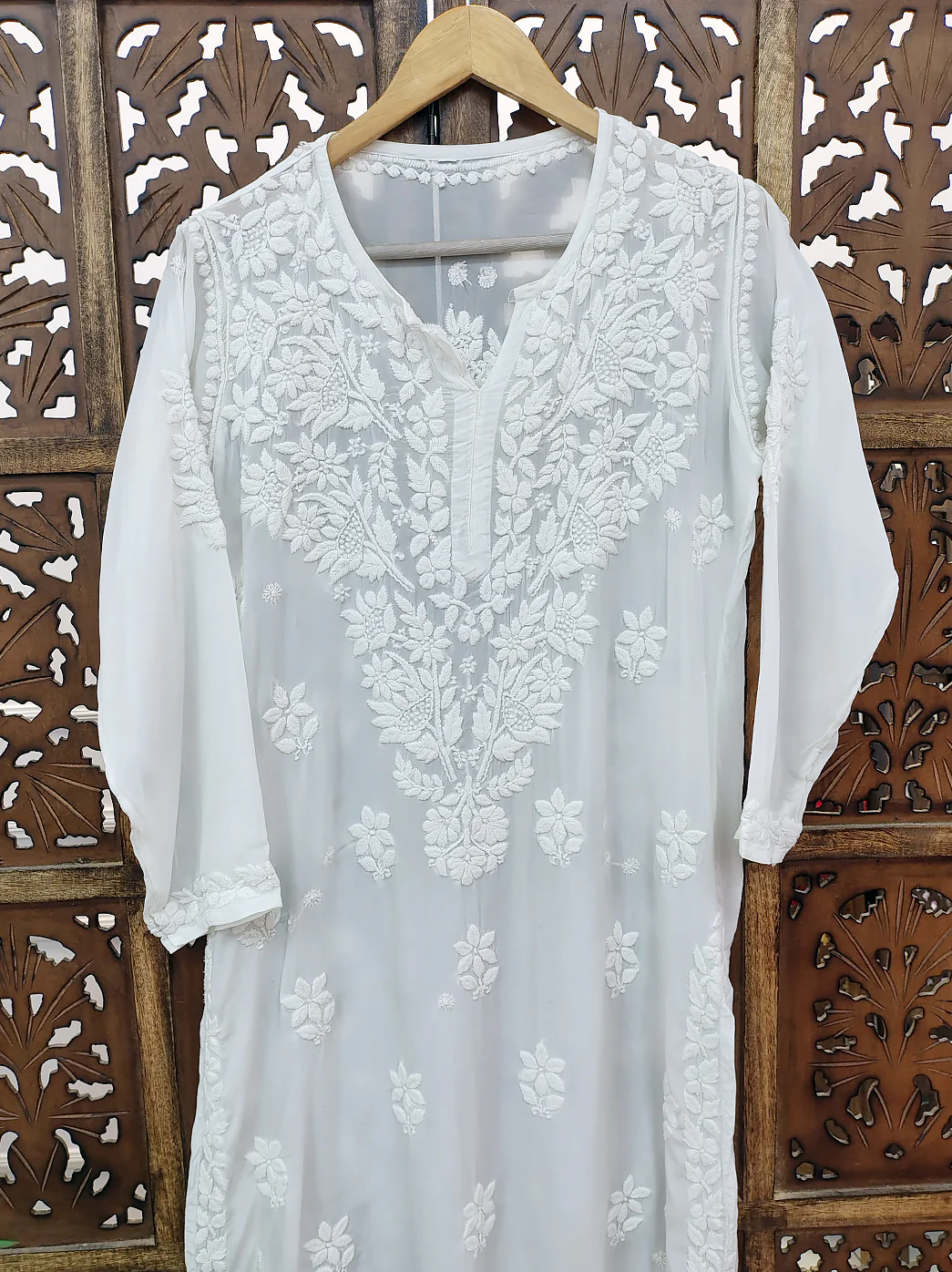 White Crepe Chikankari Straight Kurti - Image 3