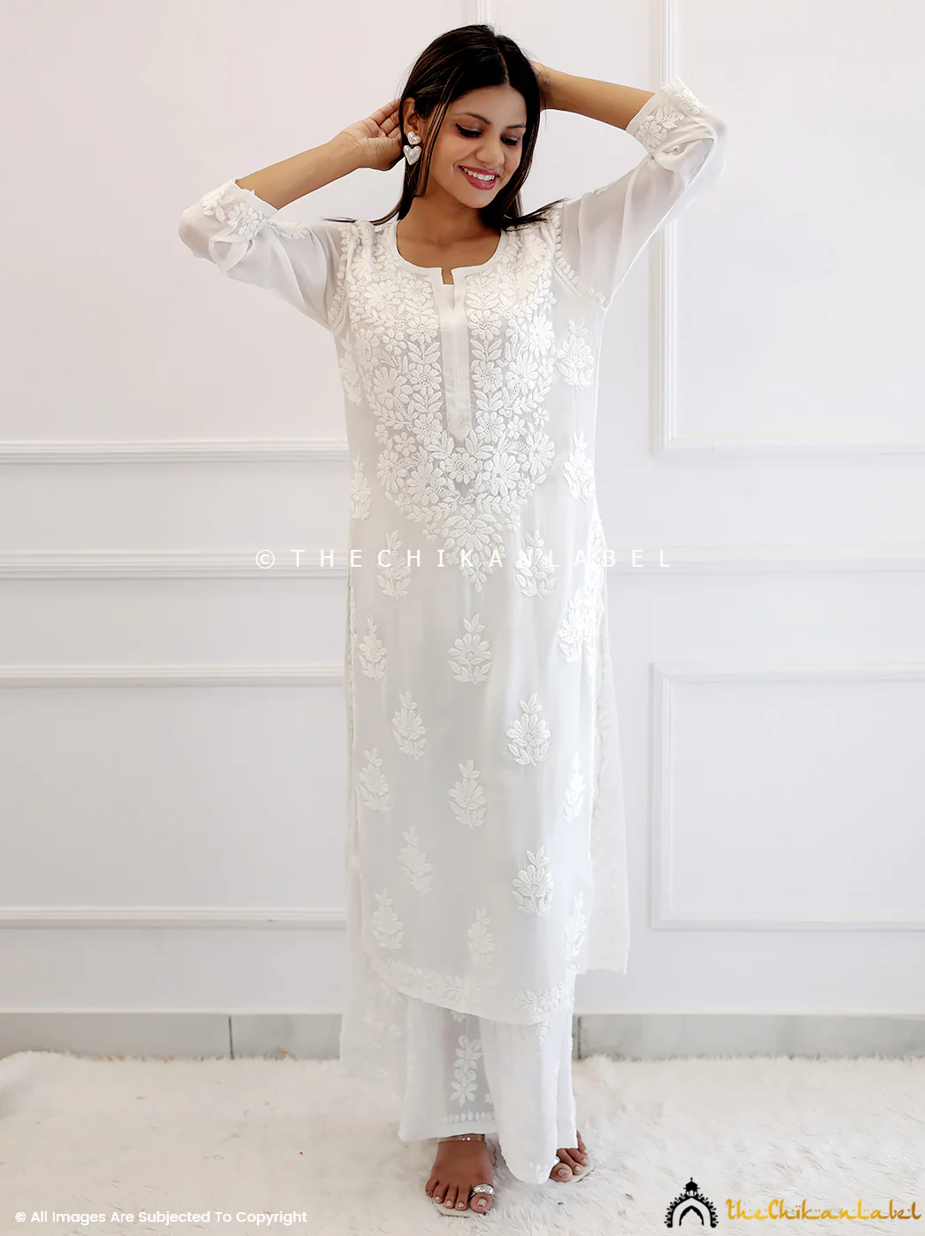 White Crepe Chikankari Straight Kurti