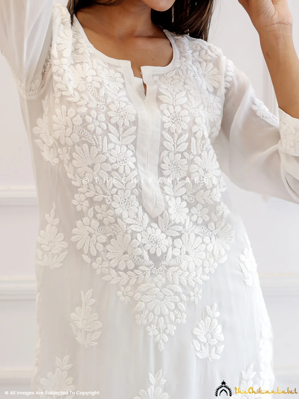 White Crepe Chikankari Straight Kurti - Image 3