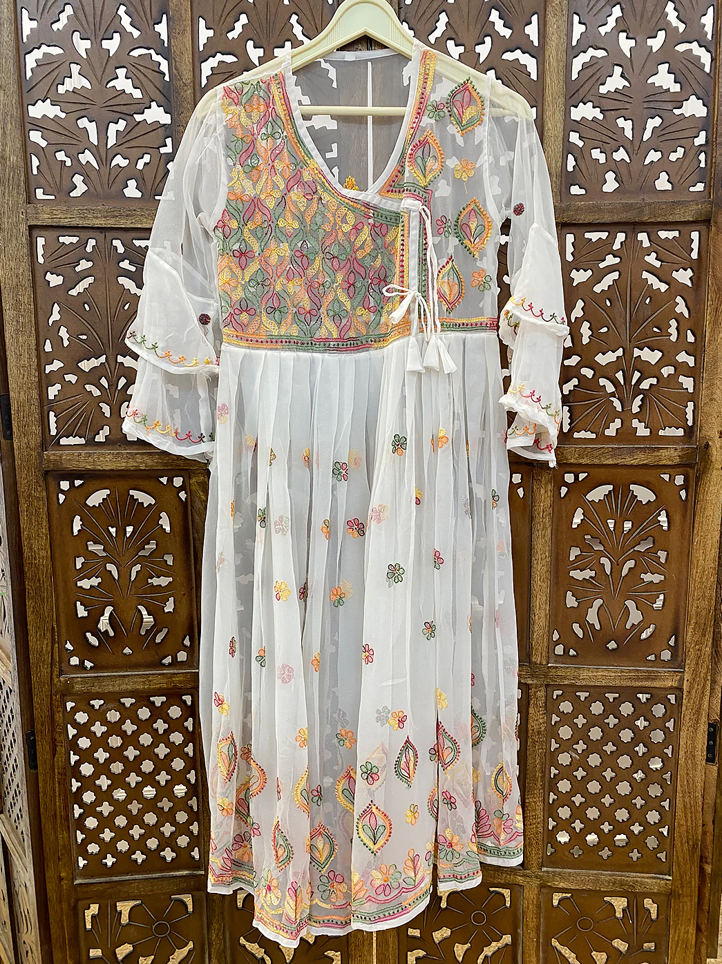 White Georgette Chikankari A-Line Kurti - Image 2