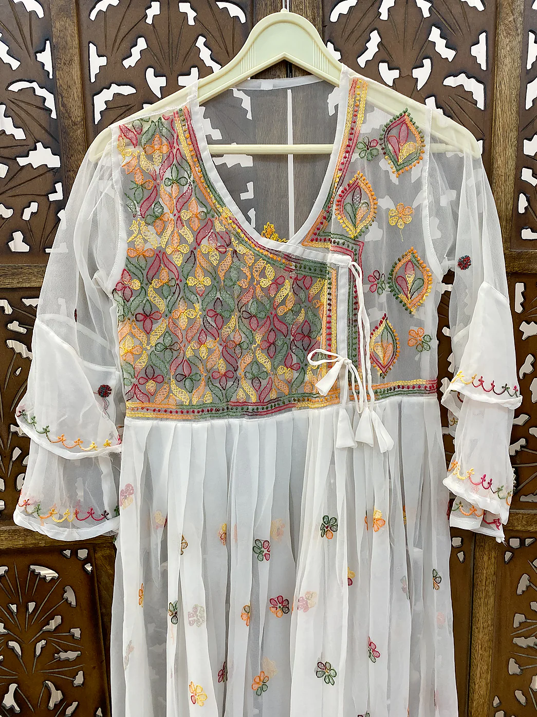 White Georgette Chikankari A-Line Kurti - Image 3