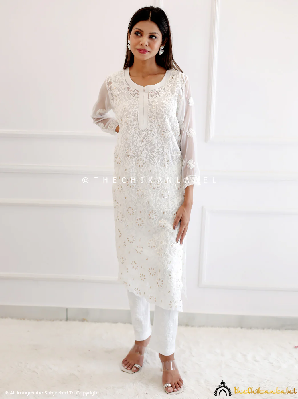 White Georgette Chikankari Straight Gota Patti Kurti