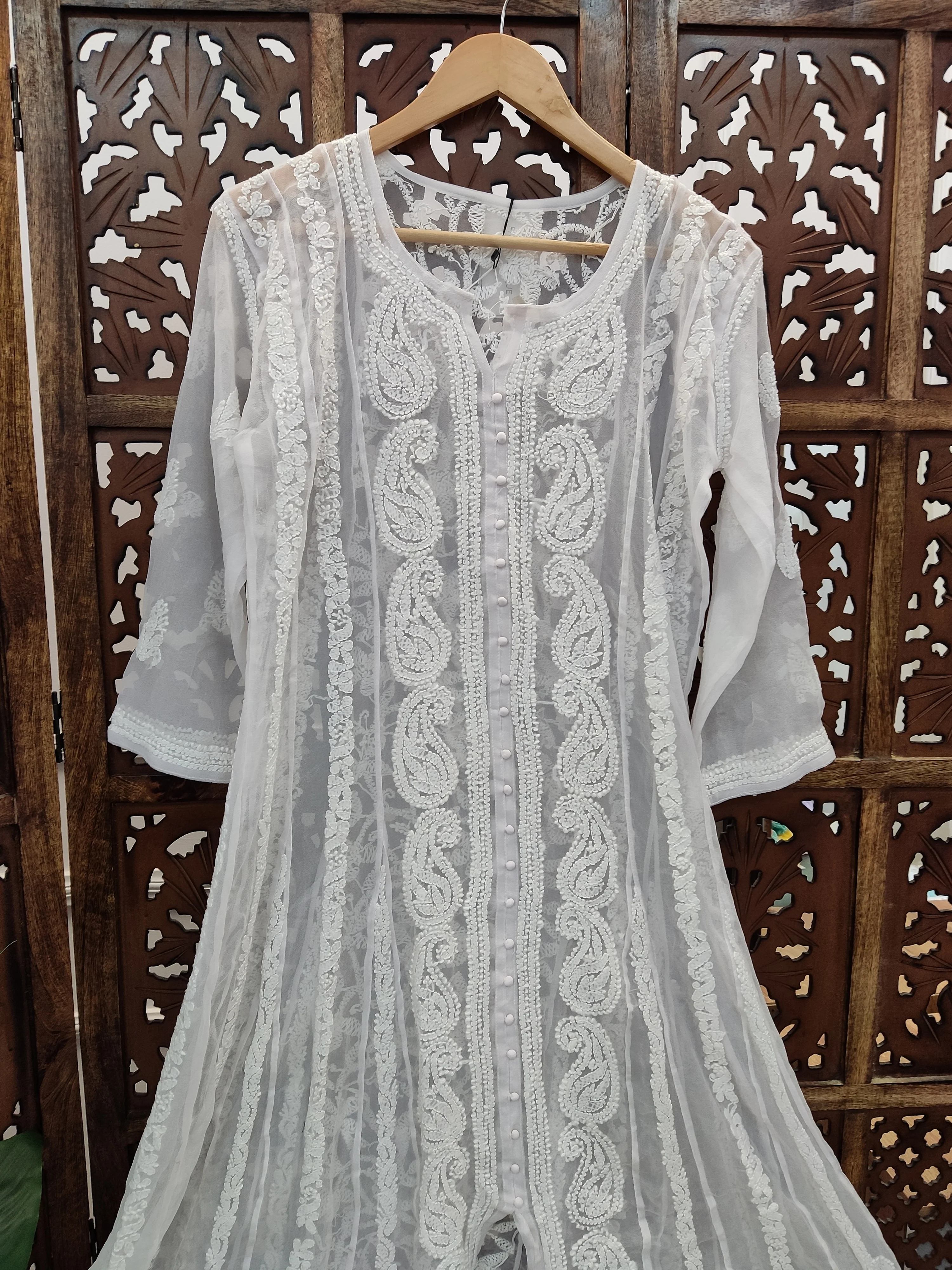 White Georgette Chikankari Straight Kurti - Image 3