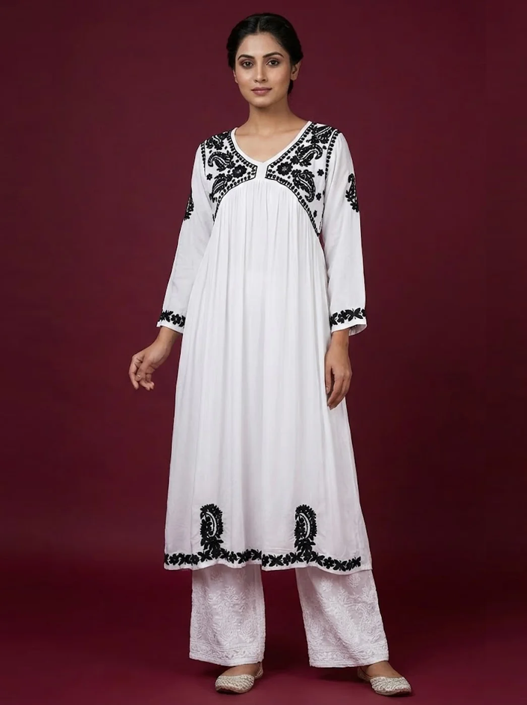 White Modal Chikankari A-Line Kurti