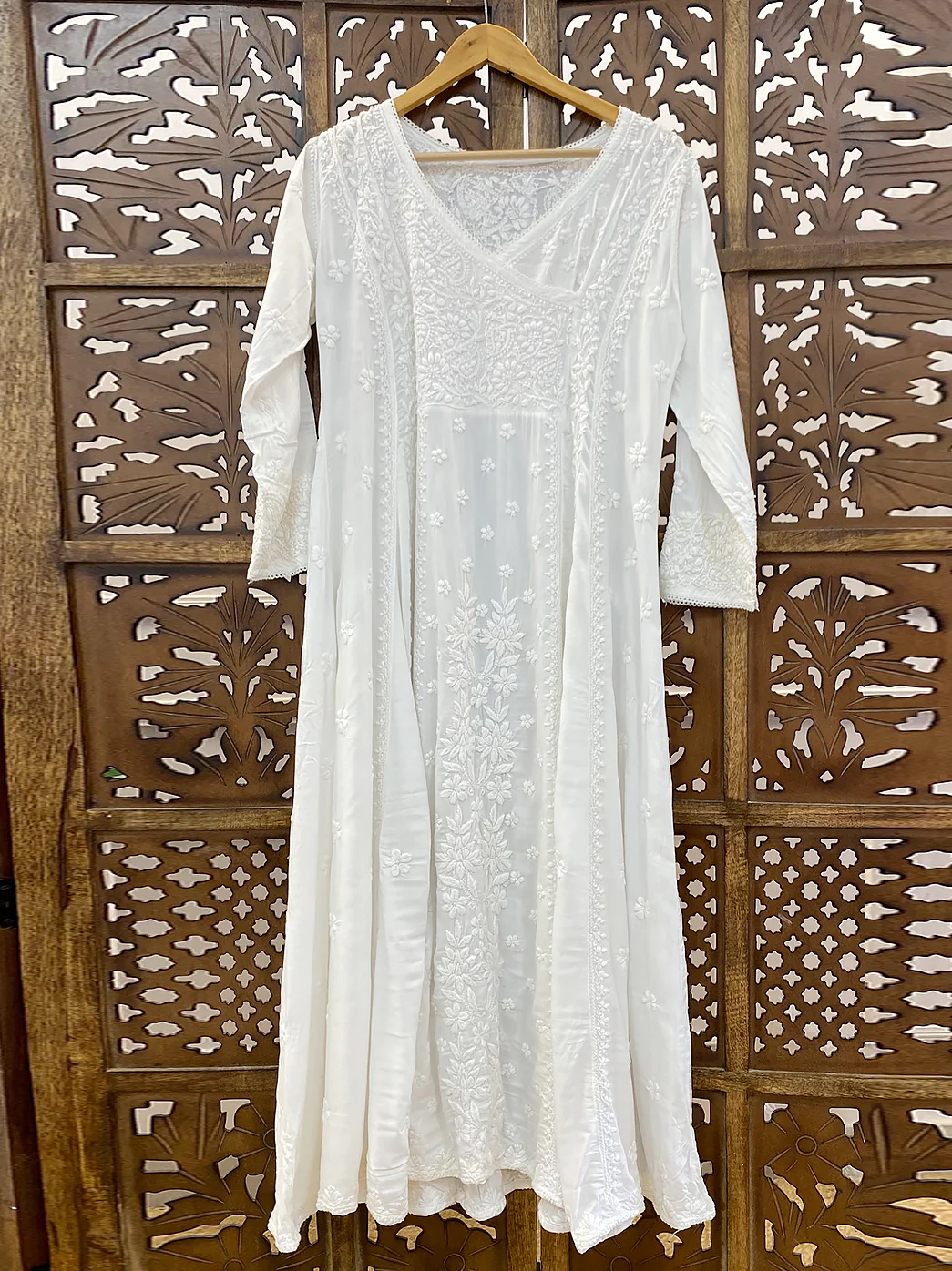 White Modal Chikankari Angrakha Kurti - Image 2