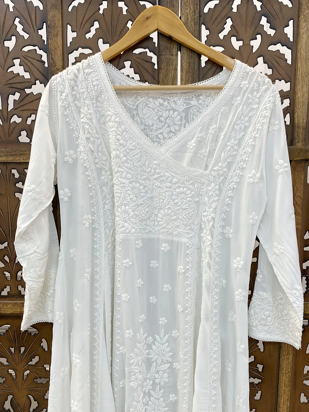 White Modal Chikankari Angrakha Kurti - Image 3