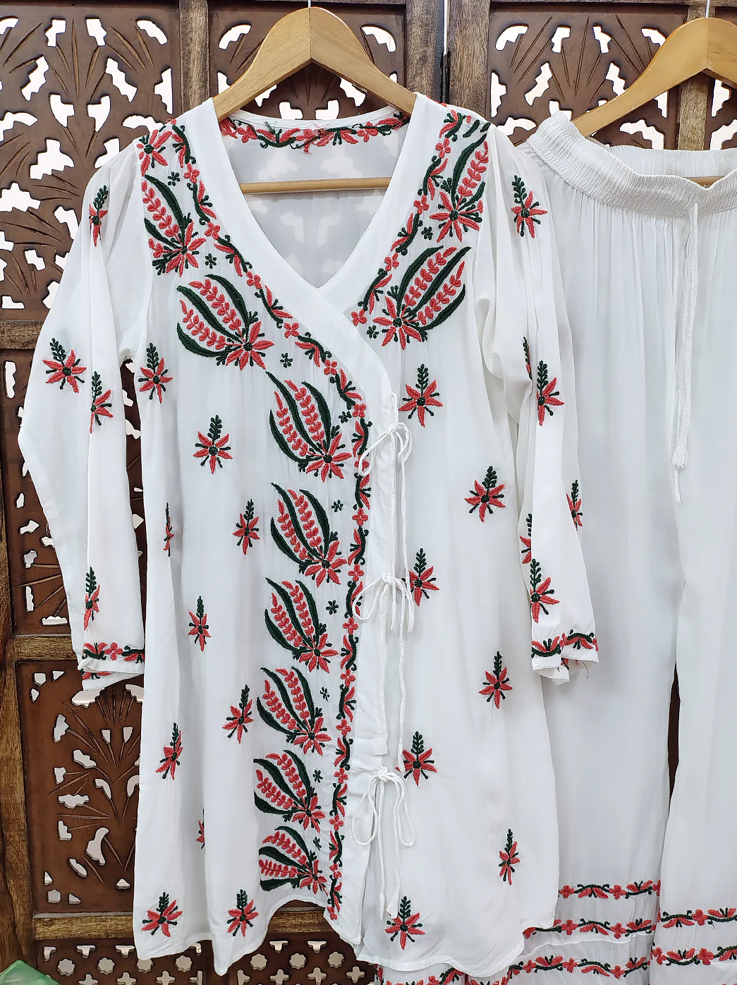White Modal Chikankari Angrakha Kurti Palazzo Set - Image 3