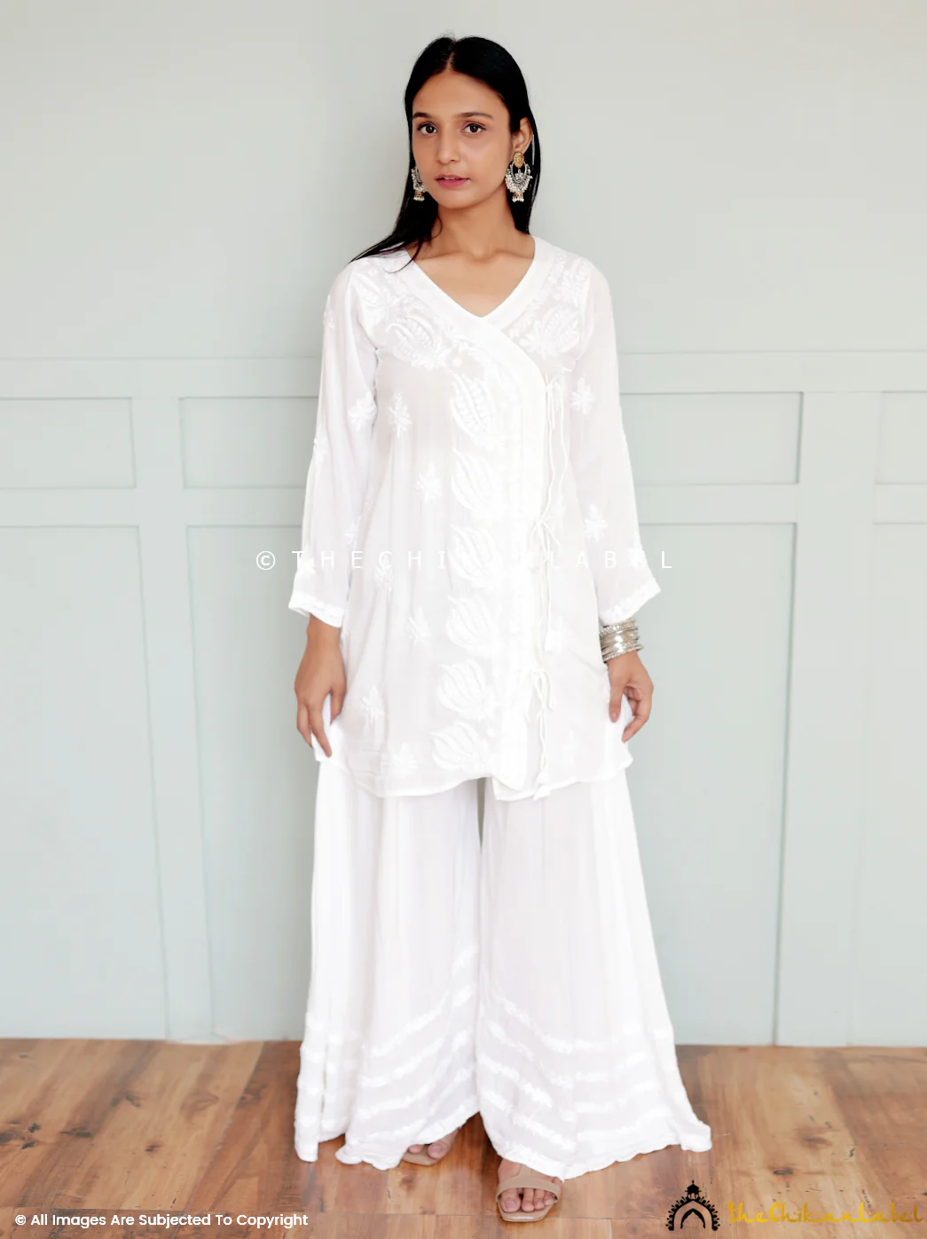 White Modal Chikankari Angrakha Kurti Palazzo Set