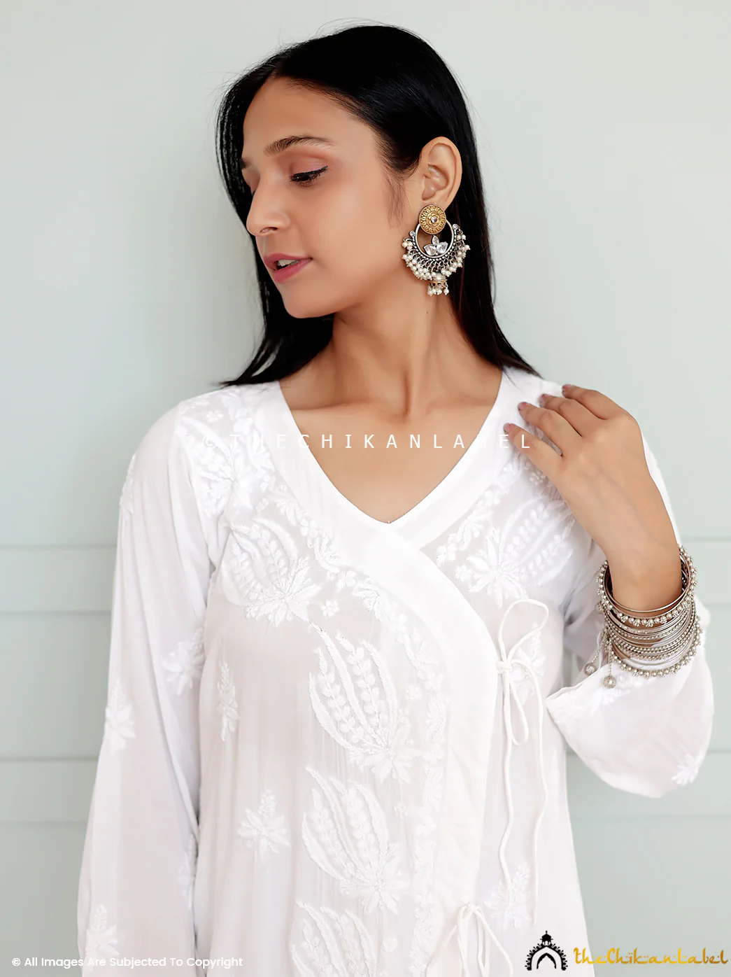 White Modal Chikankari Angrakha Kurti Palazzo Set - Image 2
