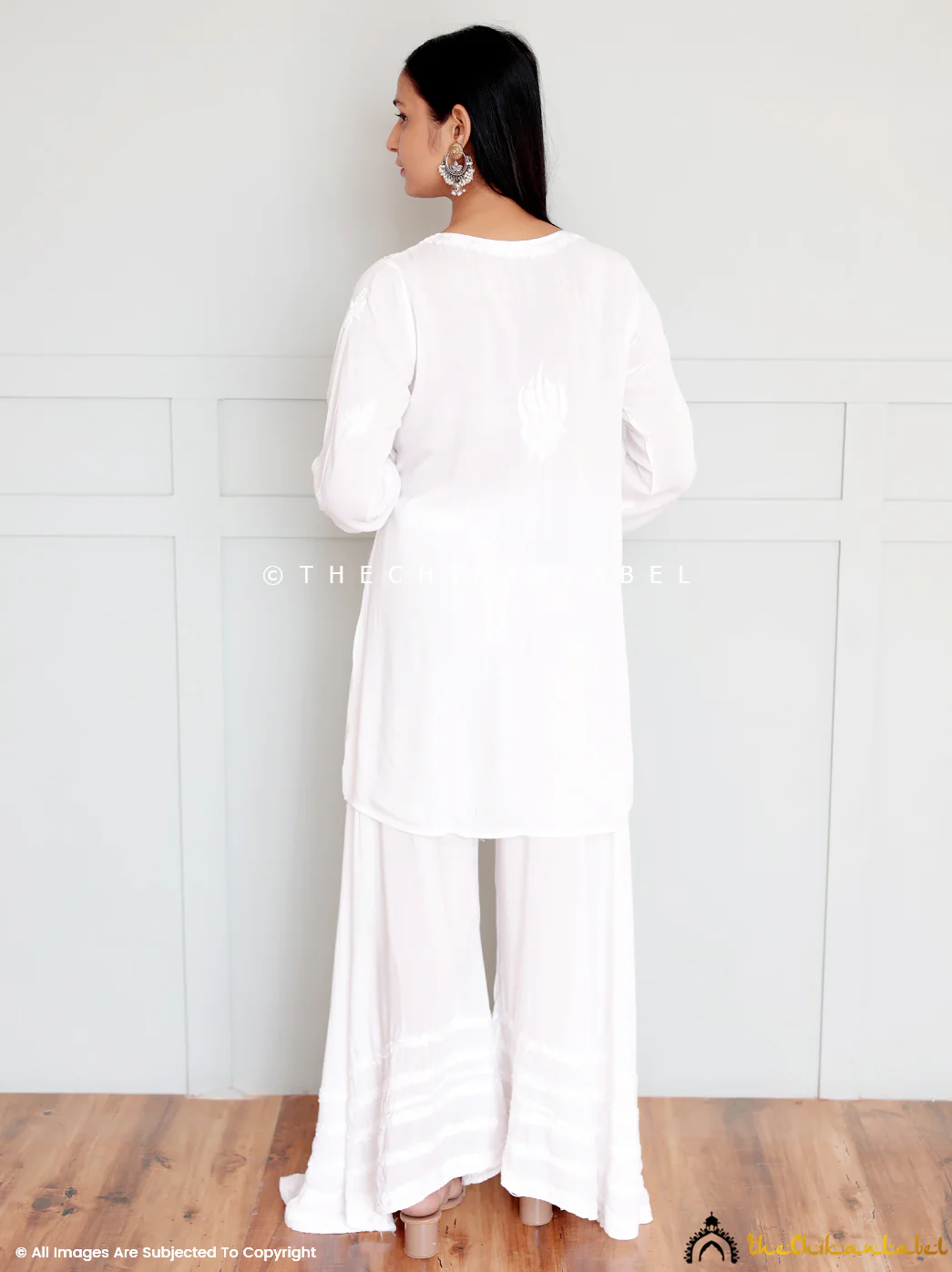 White Modal Chikankari Angrakha Kurti Palazzo Set - Image 3