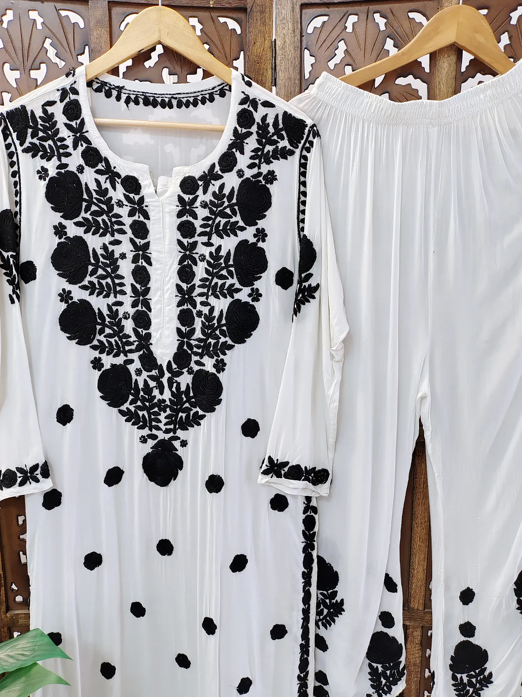 White Modal Chikankari Kurti Palazzo Set - Image 3