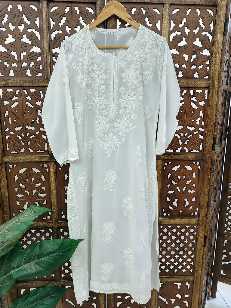 White Modal Chikankari Straight Kurti - Image 2