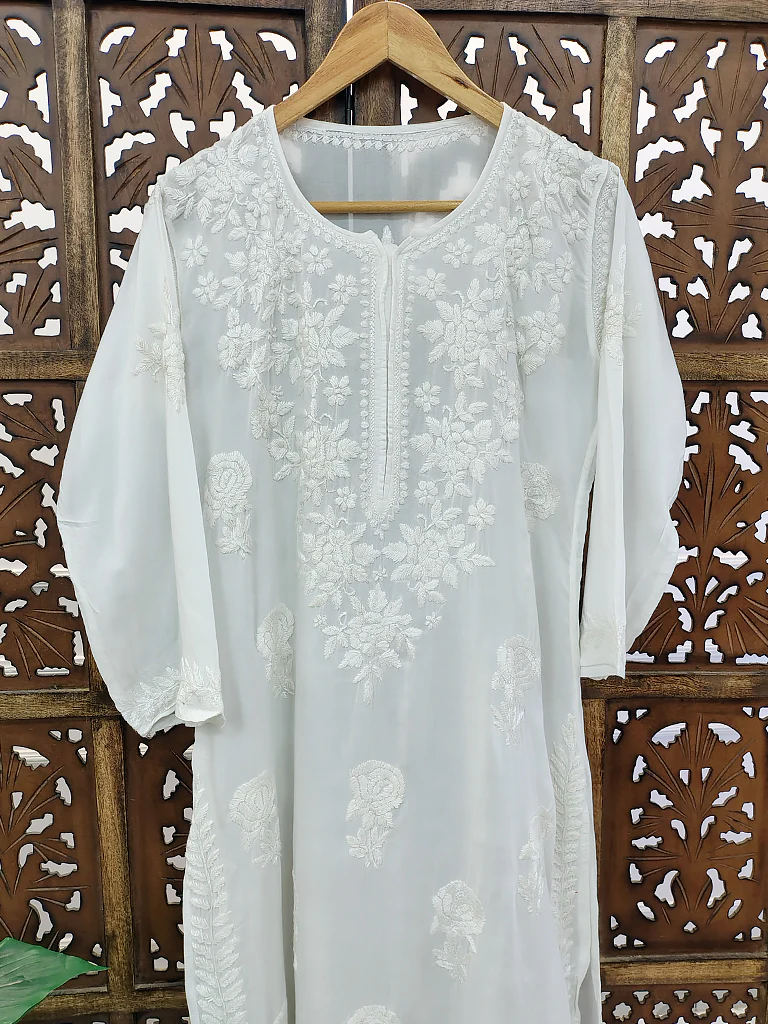 White Modal Chikankari Straight Kurti - Image 3