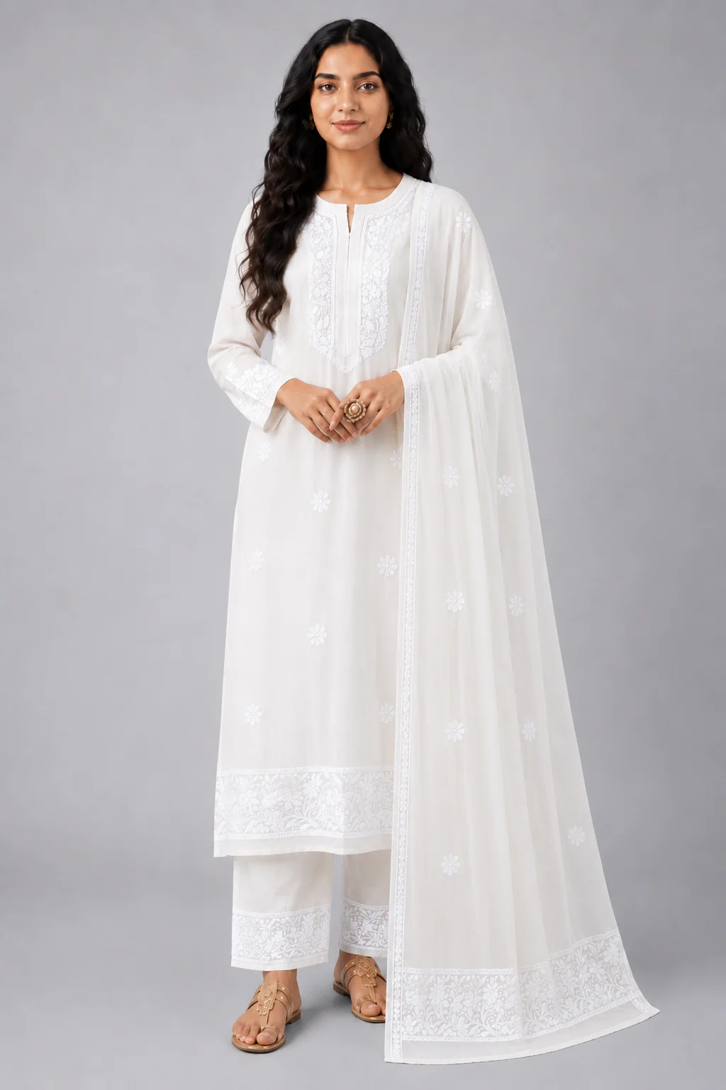 White Viscose Chikankari Dupatta - Image 2