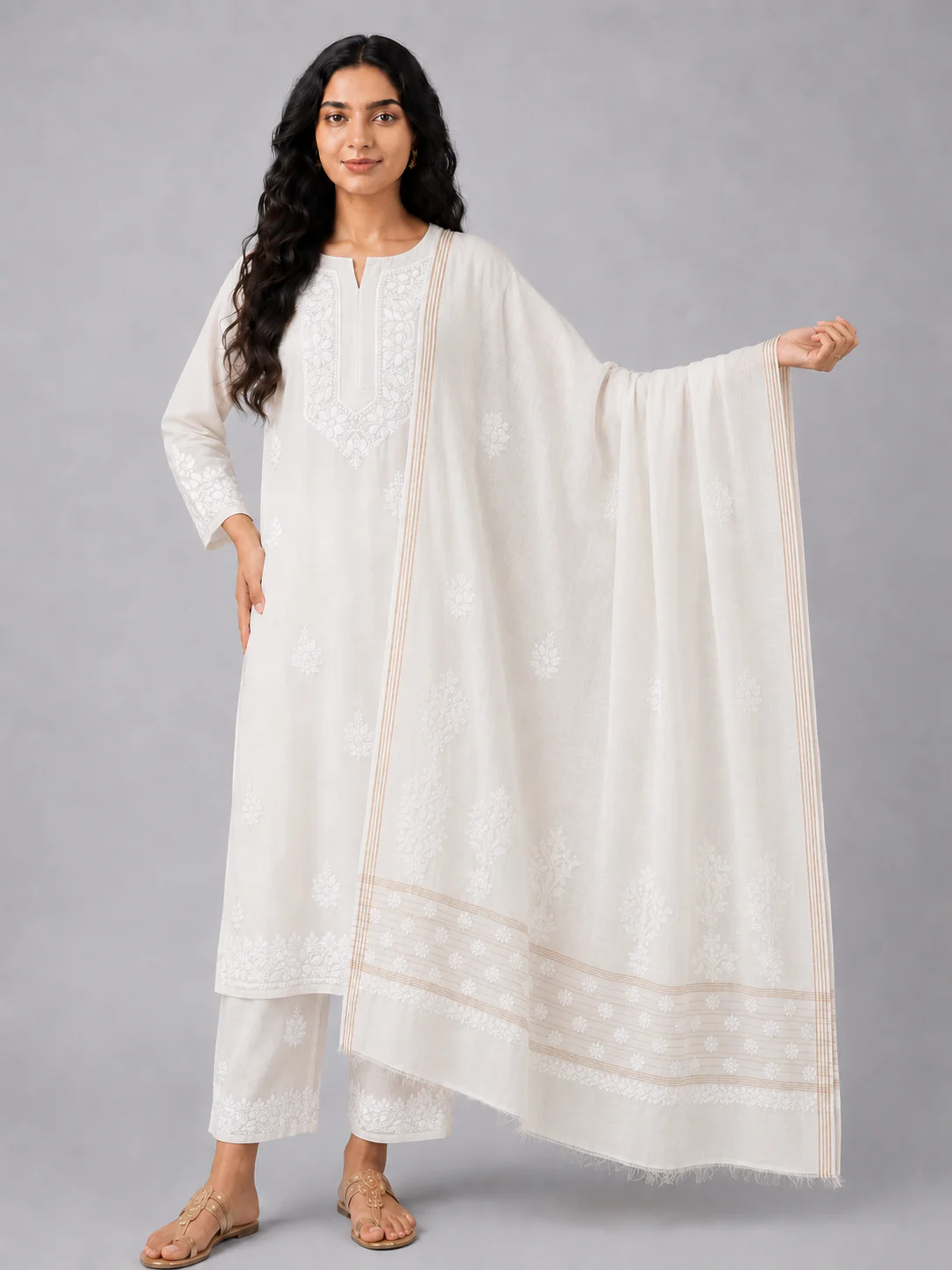 White Mul Chanderi Chikankari Dupatta - Image 3