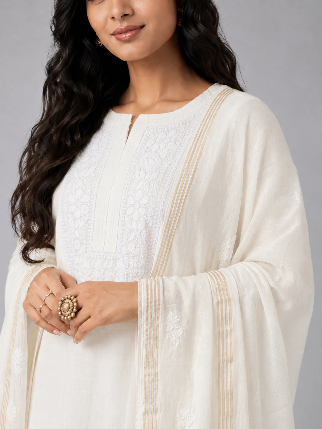 White Mul Chanderi Chikankari Dupatta - Image 4