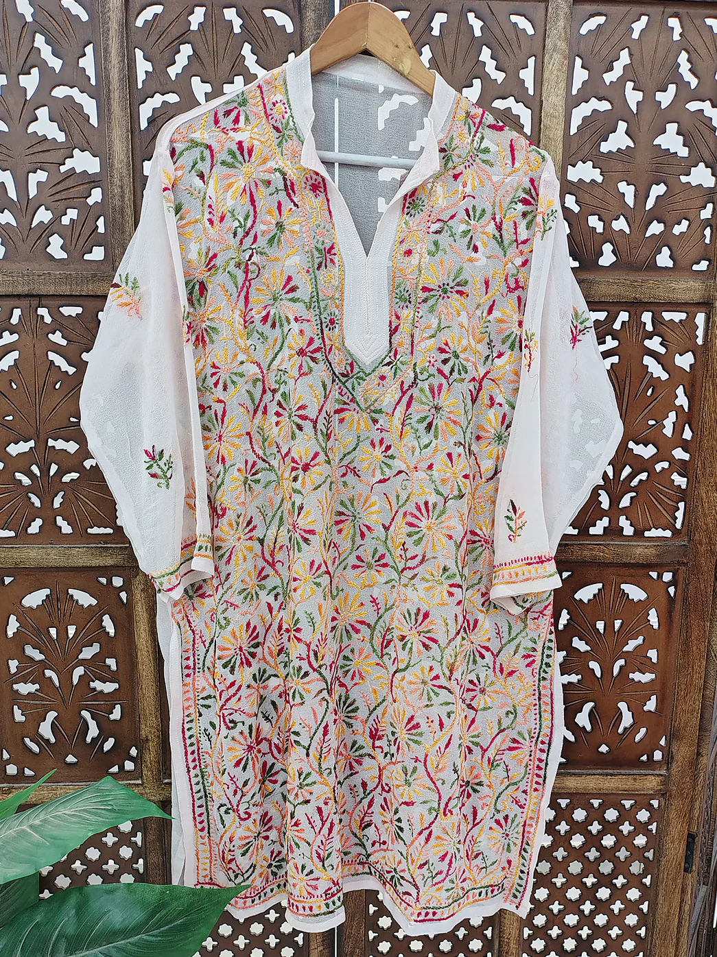 White Multi Georgette Chikankari Straight Kurti - Image 2
