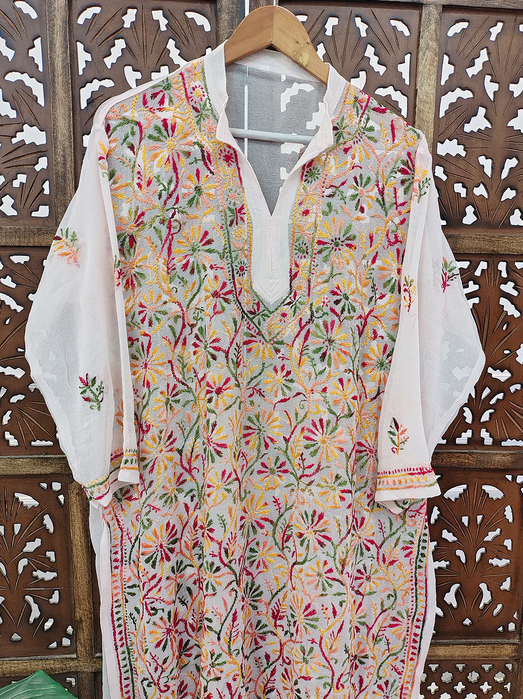 White Multi Georgette Chikankari Straight Kurti - Image 3