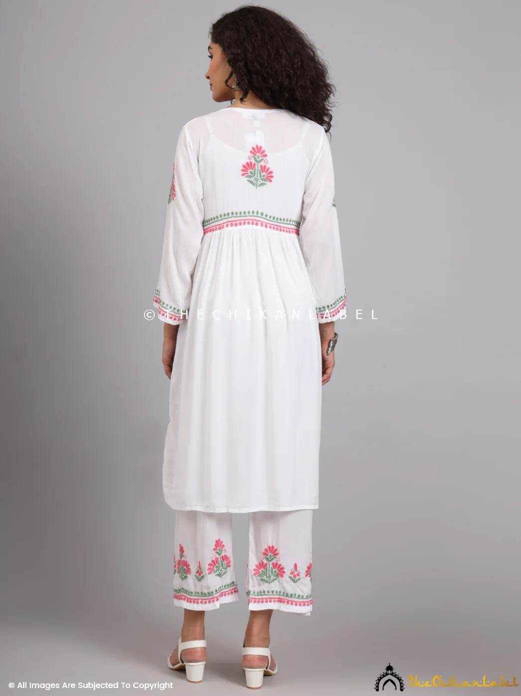 White Multi Modal Chikankari Kurti Palazzo Set - Image 3