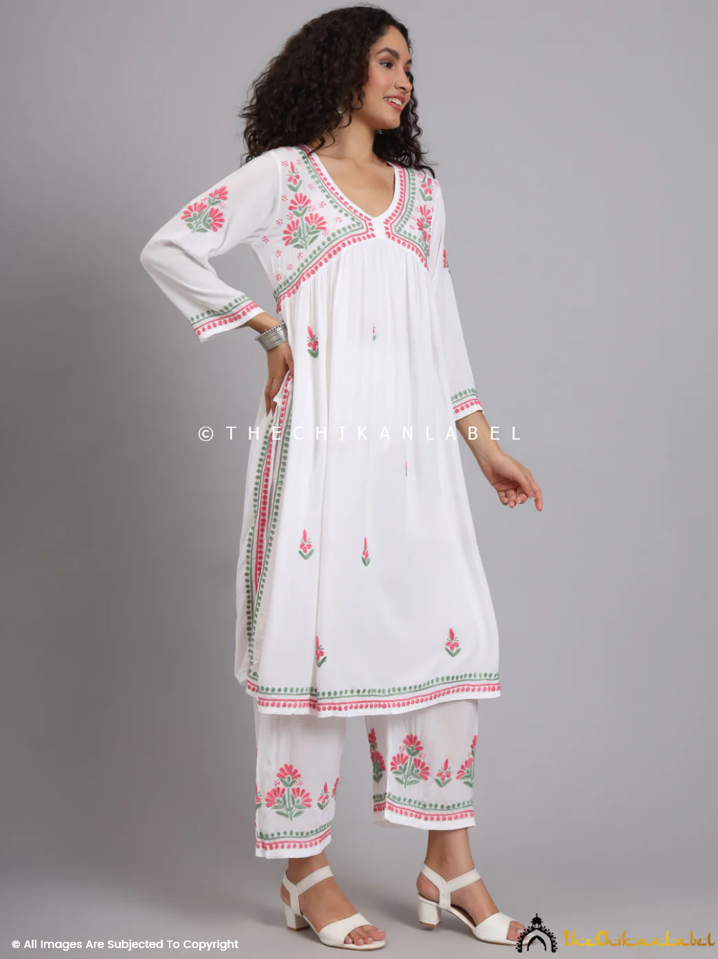 White Multi Modal Chikankari Kurti Palazzo Set - Image 4