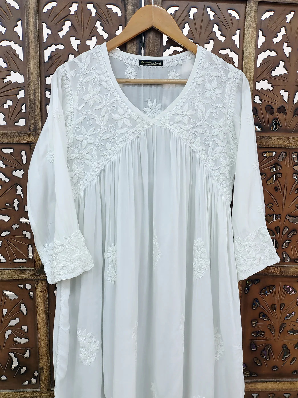 White Muslin Chikankari A-Line Kurti - Image 3