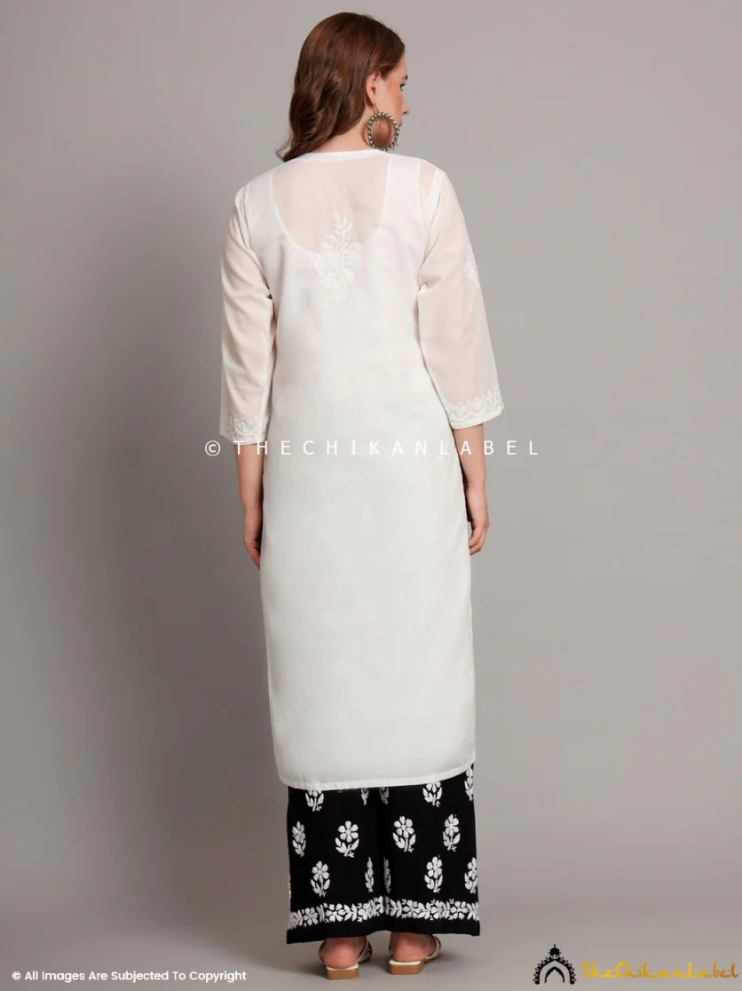 Naina Cotton Chikankari Straight Kurti with inner - White - Image 3