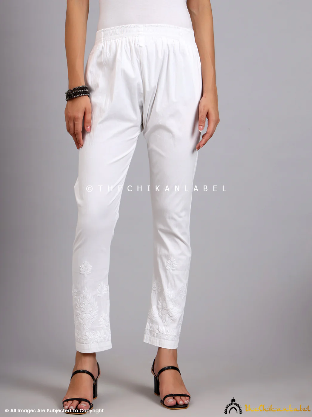 Omya Lycra Straight Chikankari Cigarette Pant - White