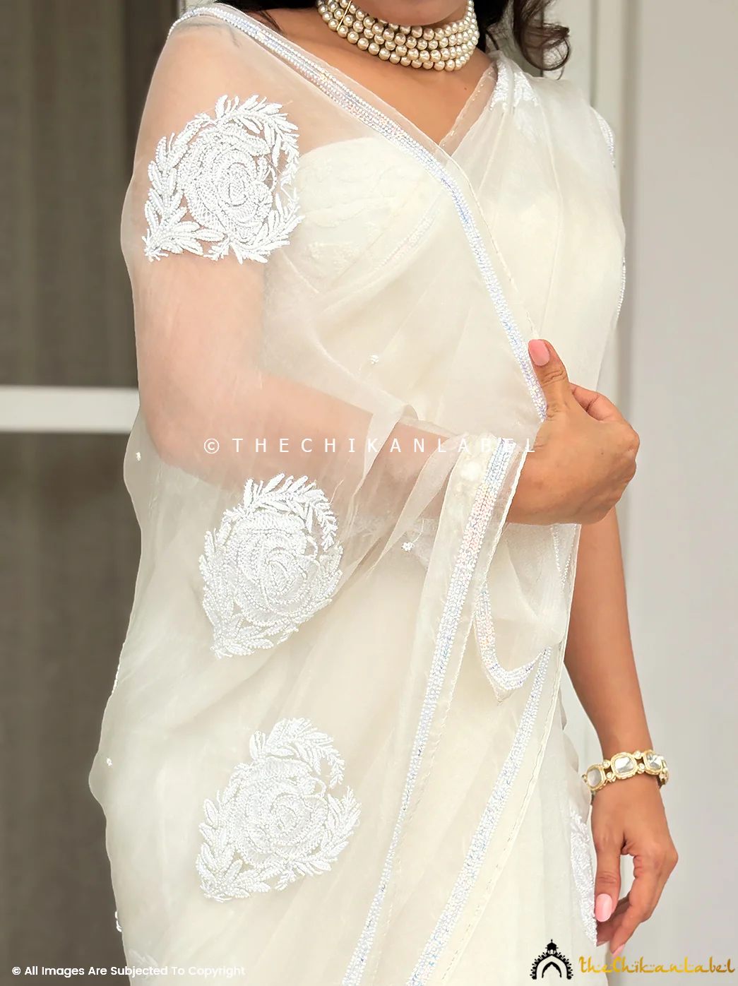 White Organza Chikankari Saree - Image 2