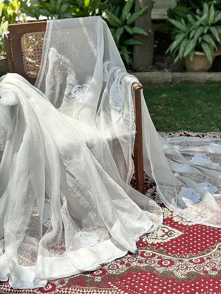 White Organza Chikankari Saree - Image 3