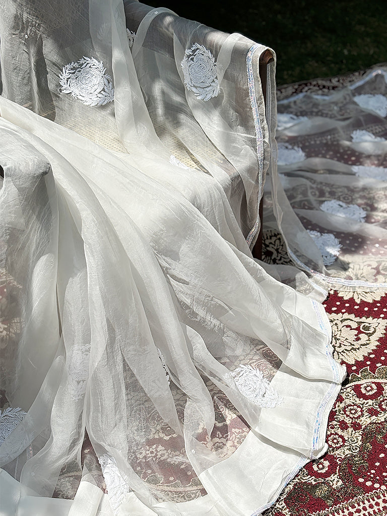 White Organza Chikankari Saree - Image 4