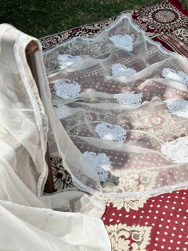 White Organza Chikankari Saree - Image 5