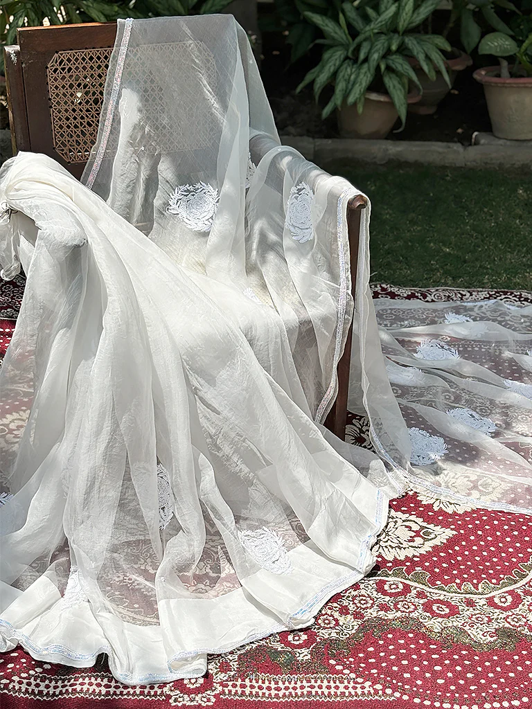 White Organza Chikankari Saree - Image 6