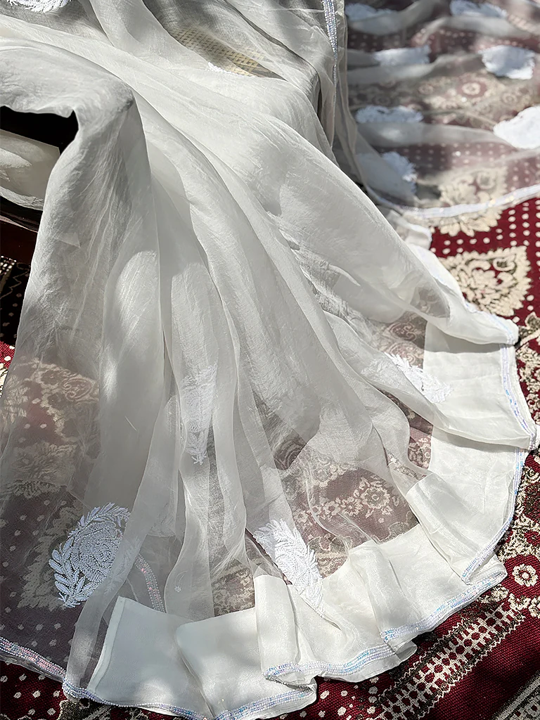 White Organza Chikankari Saree - Image 7