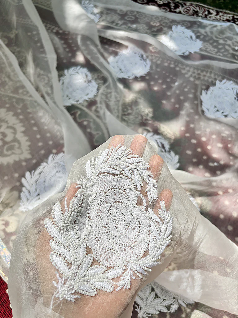 White Organza Chikankari Saree - Image 8