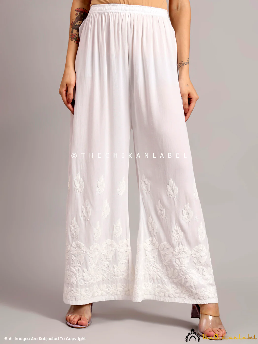 Rushda Rayon Chikankari Straight Palazzo - White