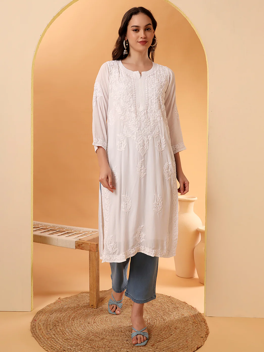 Tripti Modal Chikankari Straight Kurti - White