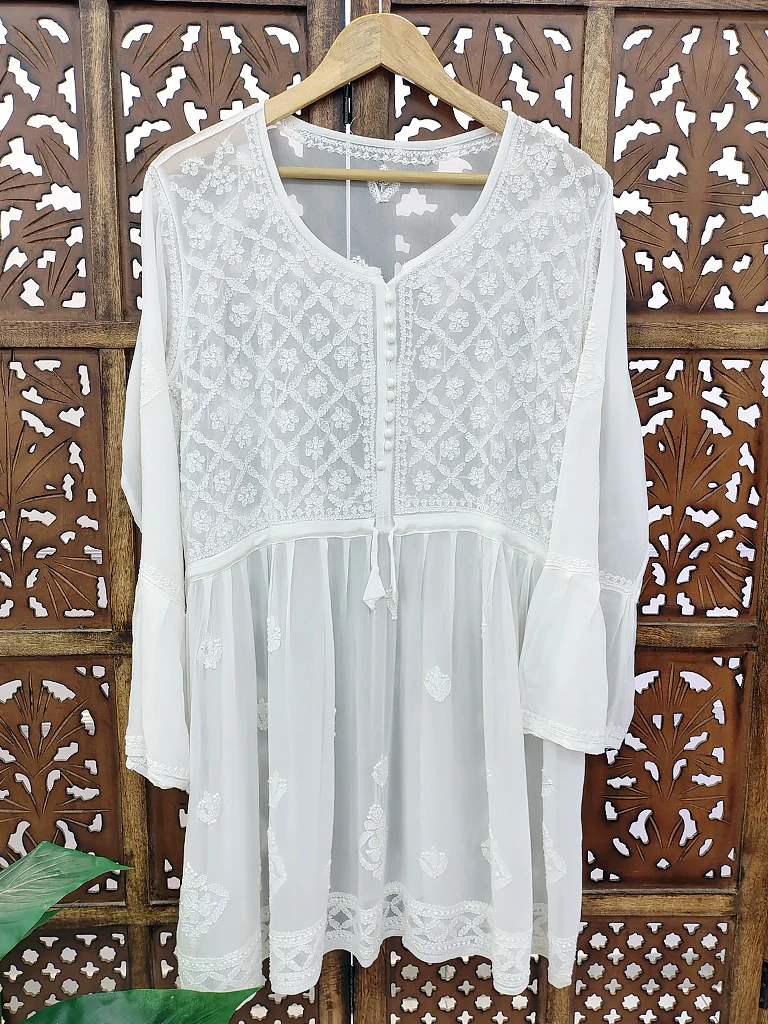 White Viscose Chikankari Peplum Top - Image 2