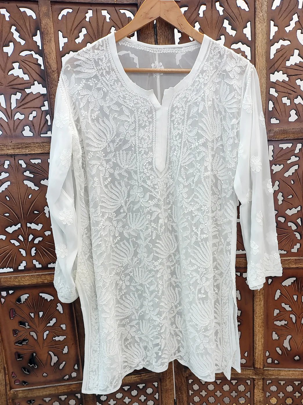 White Viscose Chikankari Short Jaal Kurti - Image 4