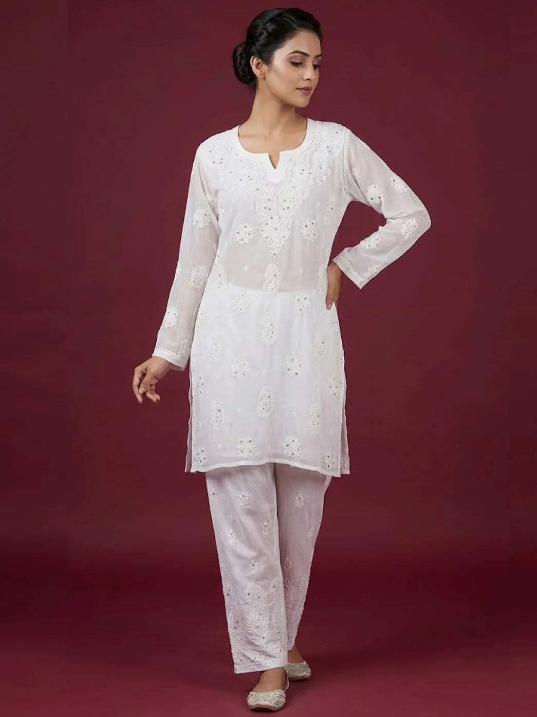 White Viscose Chikankari Short Kurti