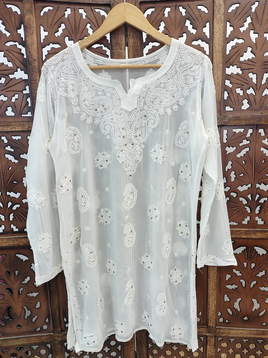 White Viscose Chikankari Short Kurti - Image 2