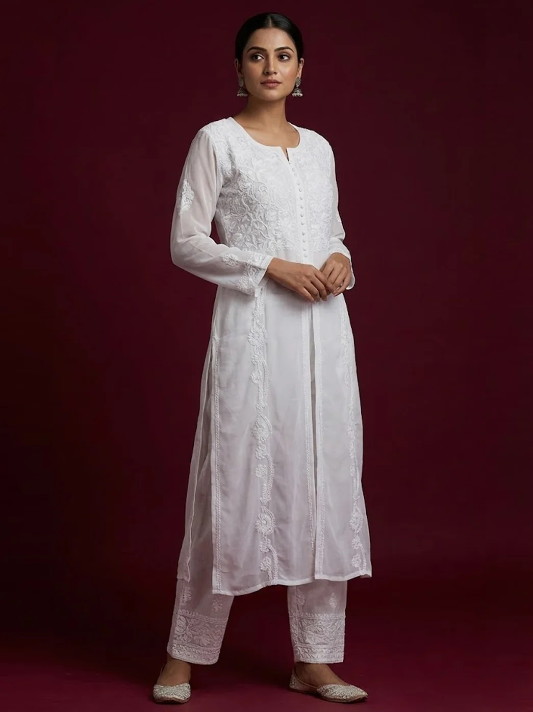 White Viscose Chikankari Slit Kurti