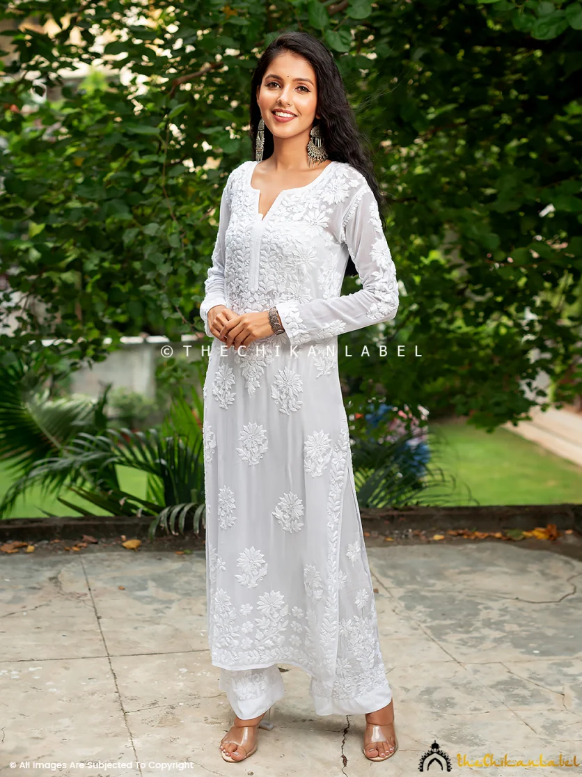 White Viscose Chikankari Straight Kurti